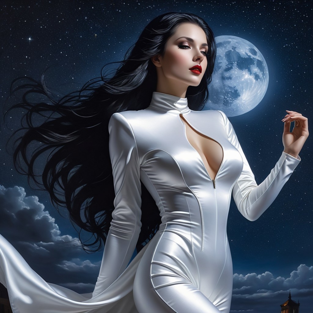 Figure in White Outfit Against Moonlit Night Sky