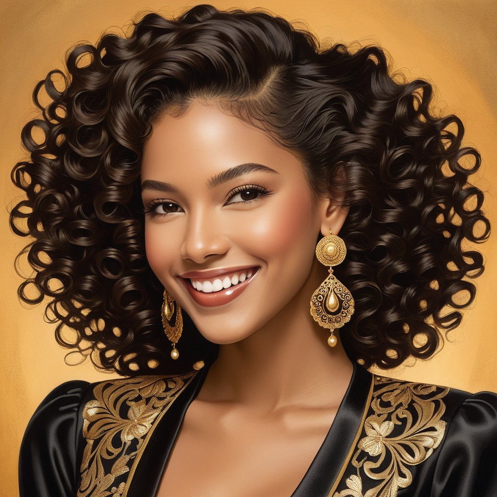 Woman with Voluminous Curls and Elegant Outfit
