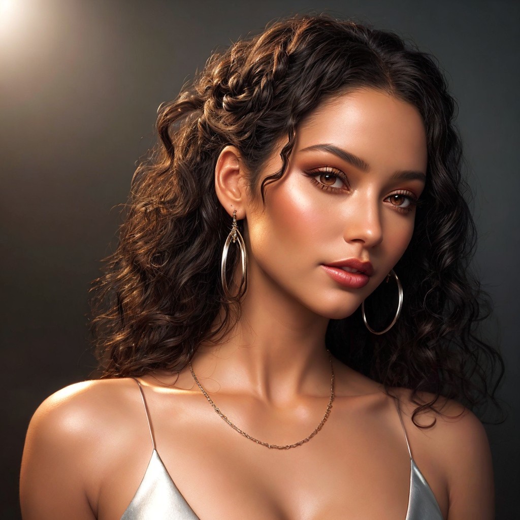 Woman with Curly Hair and Elegant Accessories