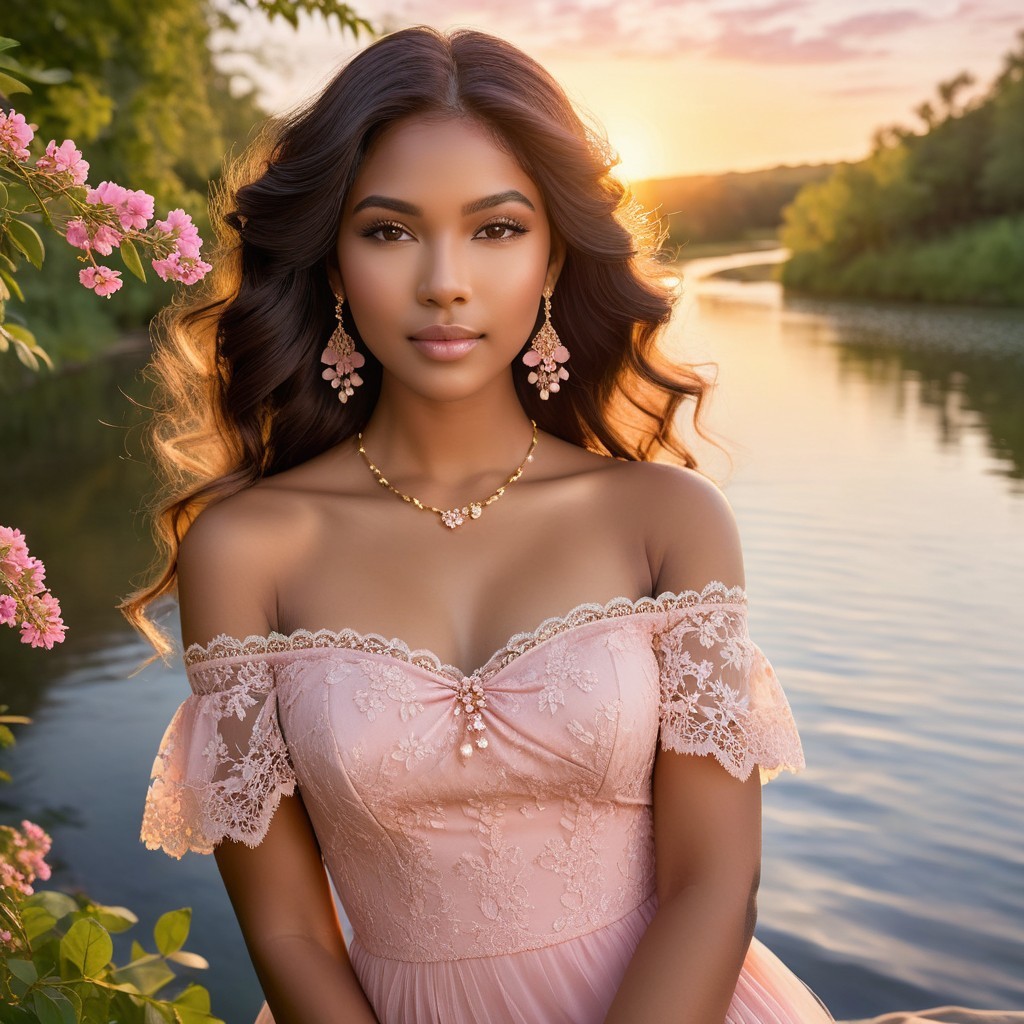 Young Woman in Pink Gown by Serene River at Sunset