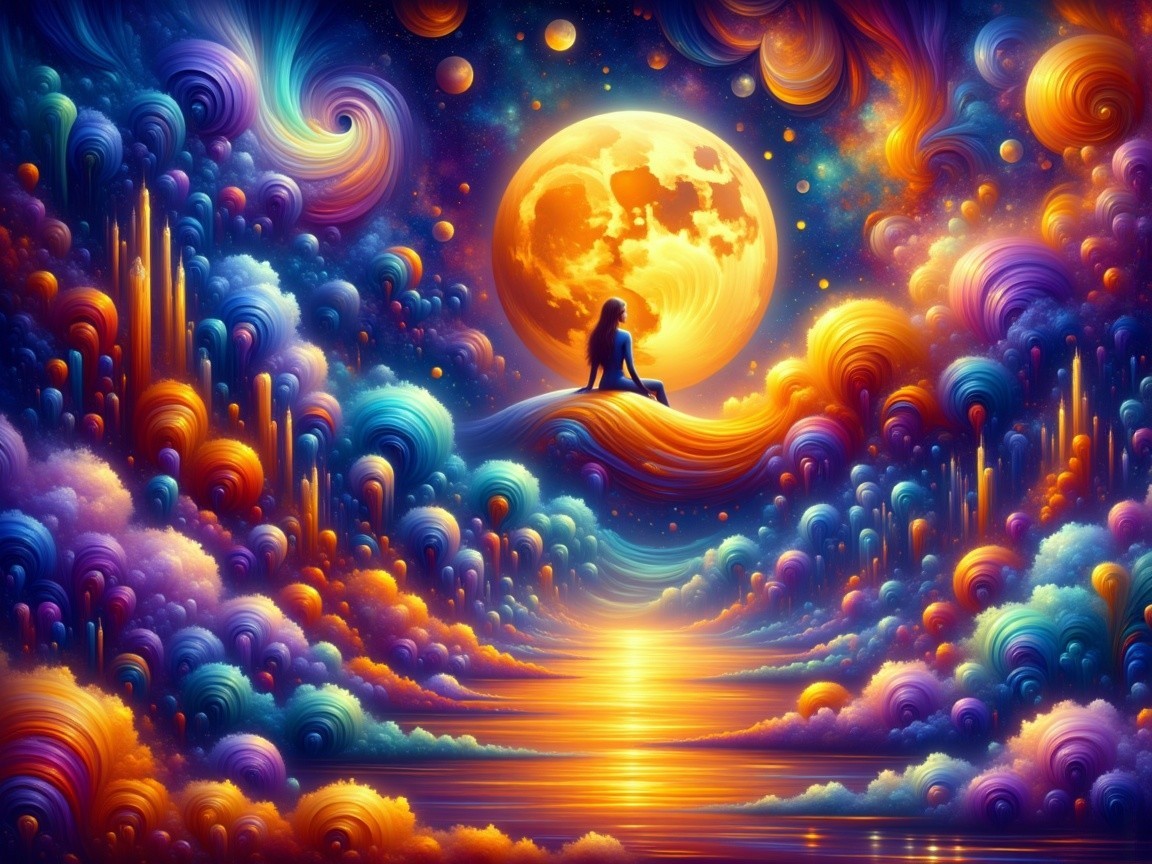 Surreal Landscape with Colorful Sky and Glowing Moon