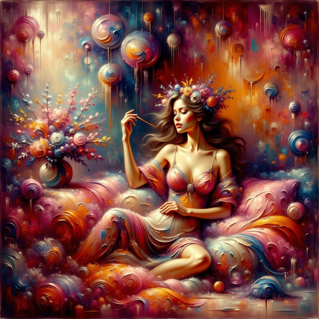 Ethereal Woman in Floral Crown and Colorful Gown