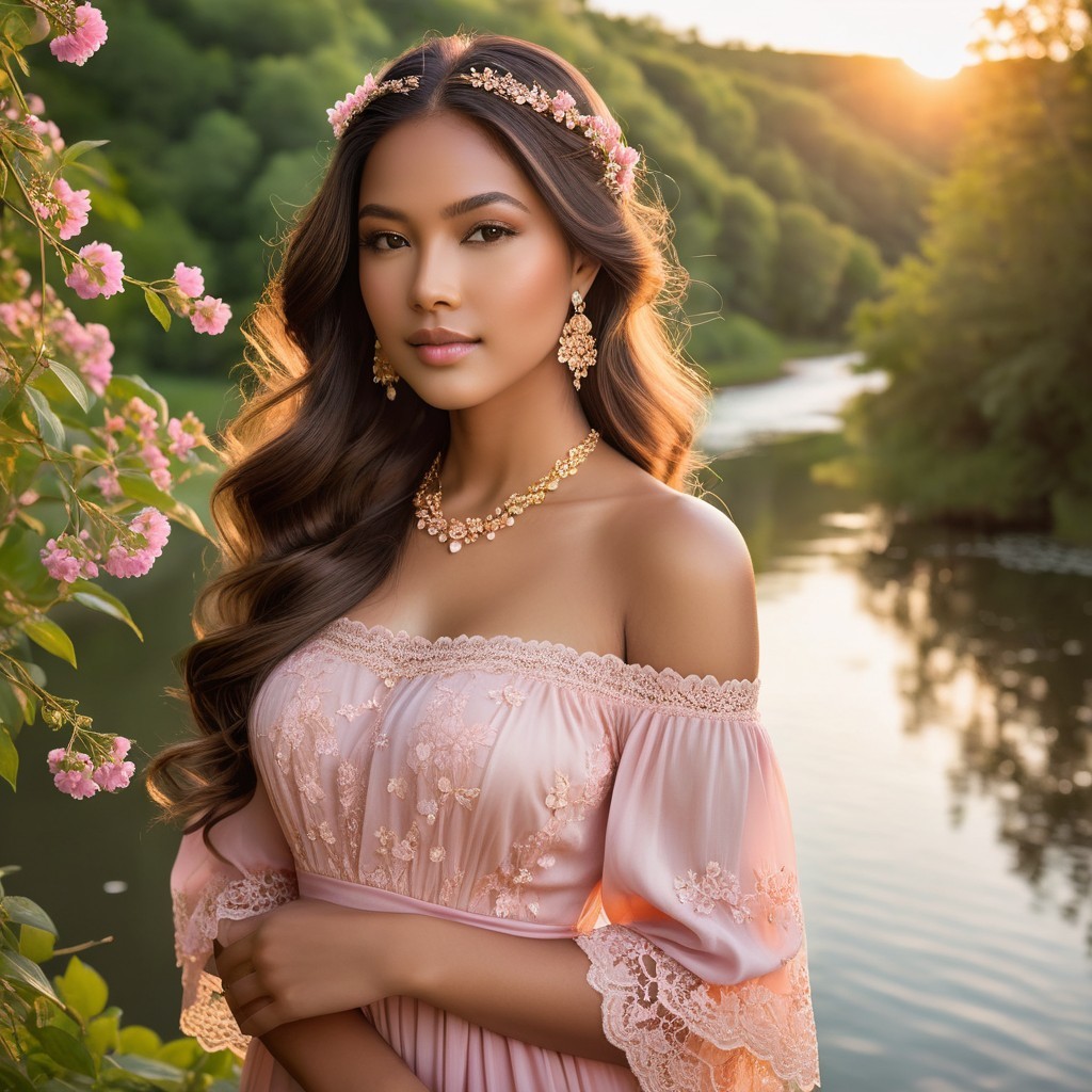 Young woman in pastel gown by serene river at sunset