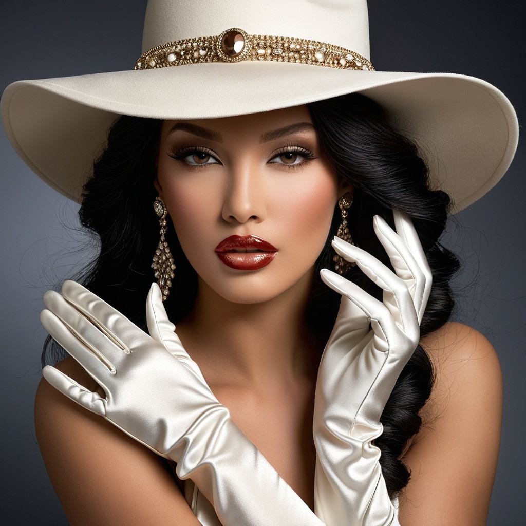 Elegant Woman in White Hat and Shiny Gloves
