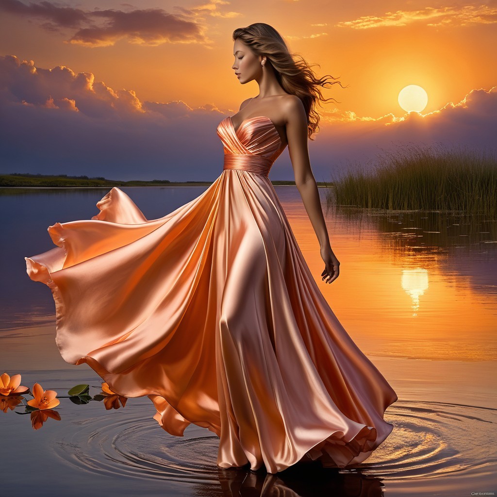 Woman in Peach Satin Gown by Tranquil Lake at Sunset