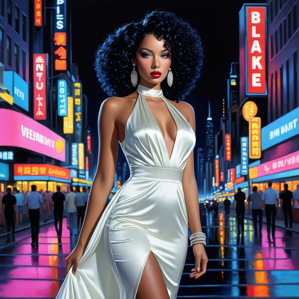 Glamorous Woman in White Gown Against Neon Cityscape