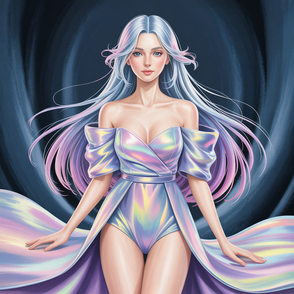 Female figure in iridescent bodysuit with pastel hair