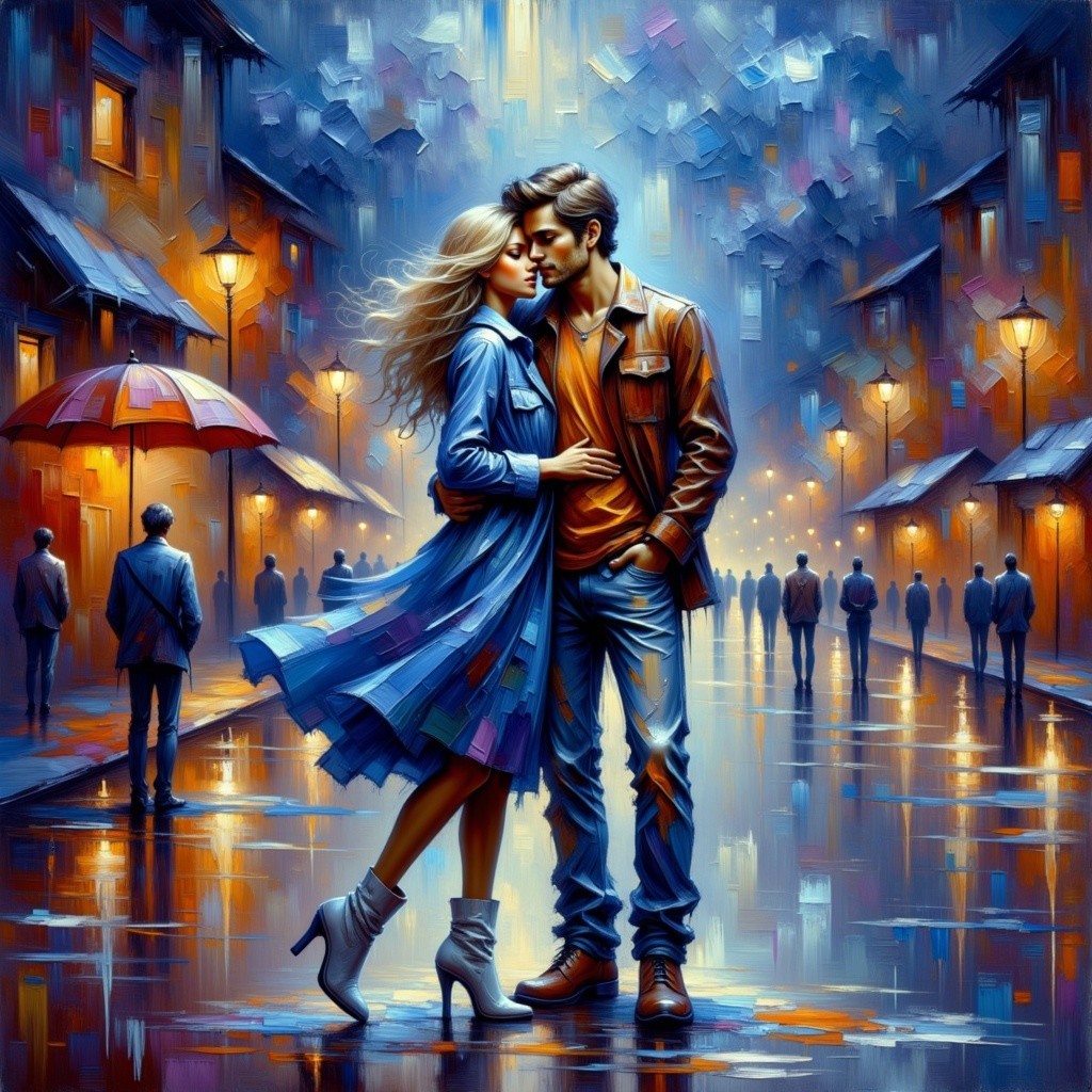 Impressionistic Painting of a Couple Embracing in Rain