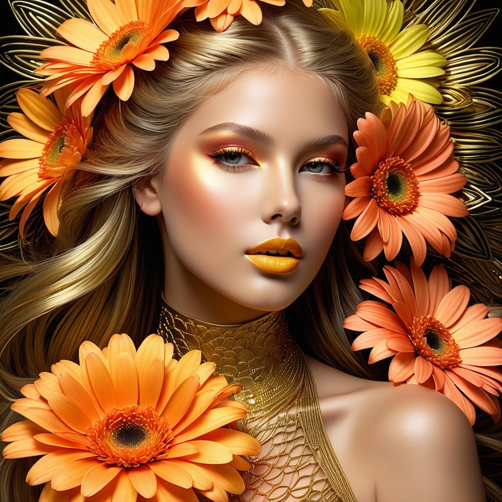 Portrait of a woman with blonde hair and floral accents