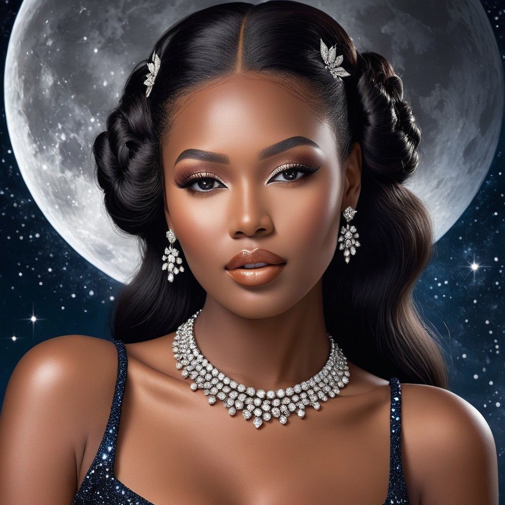 Portrait of a woman with elegant features and moonlit backdrop