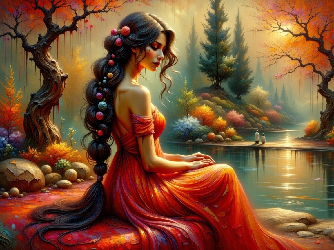 Autumn Landscape with Woman in Red Dress by River