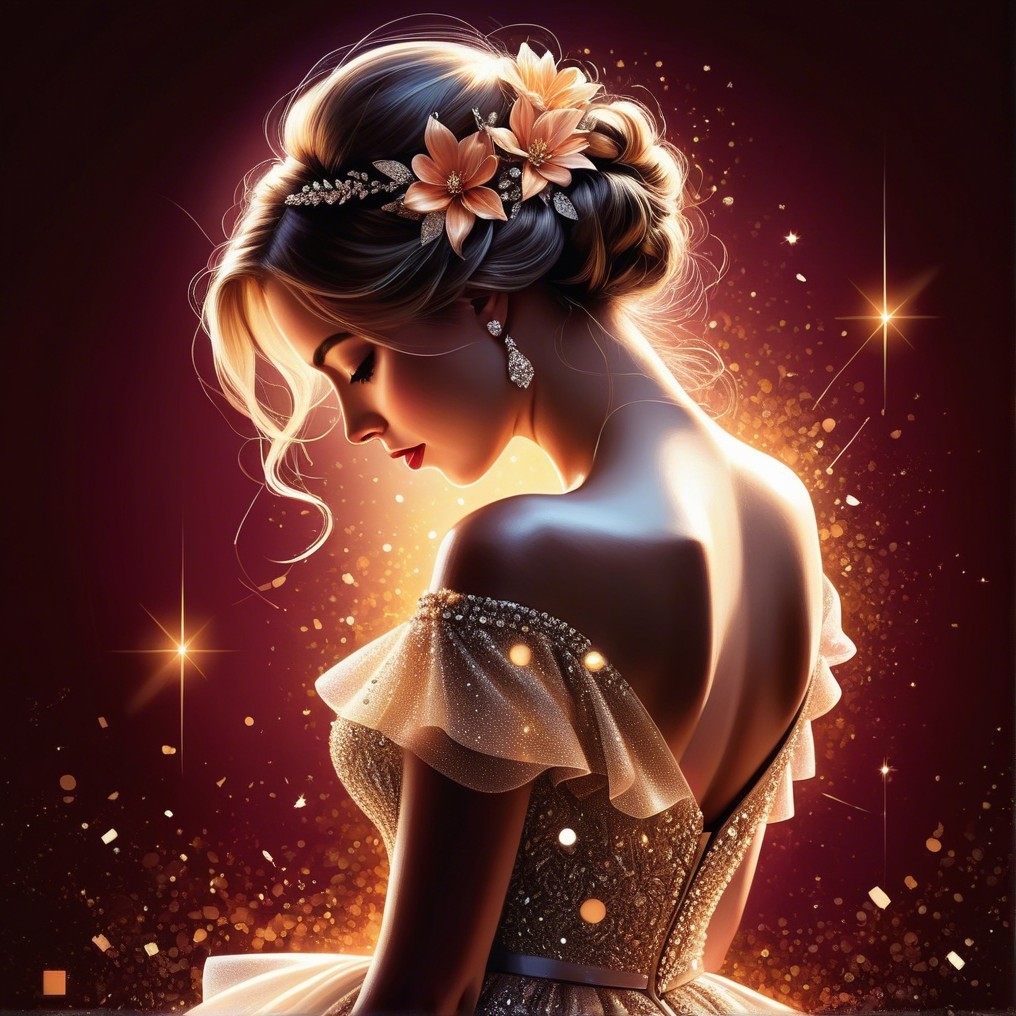 Elegant Woman in Shimmering Gown with Floral Hairpiece