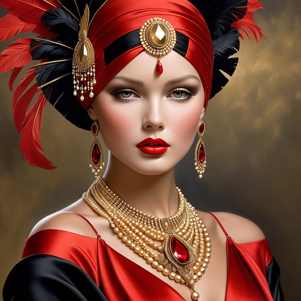 Portrait of a woman in red and black attire with jewels