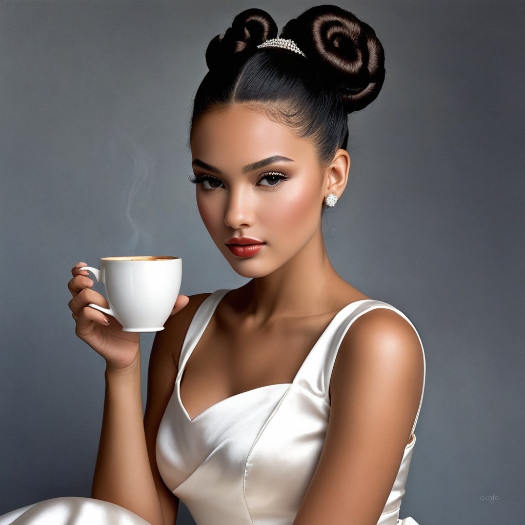 Elegant Woman in Satin Dress with Coffee and Buns