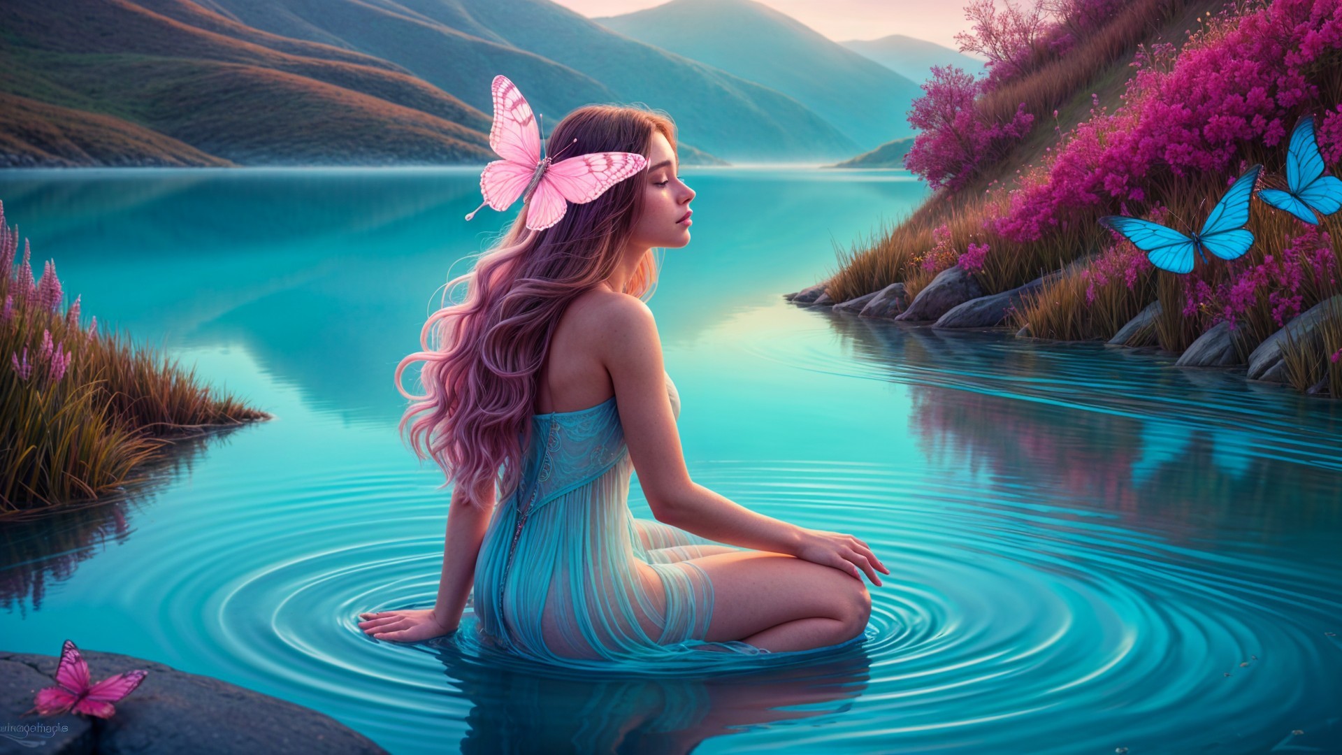 Tranquil Lake Scene with Colorful Flora and Butterflies