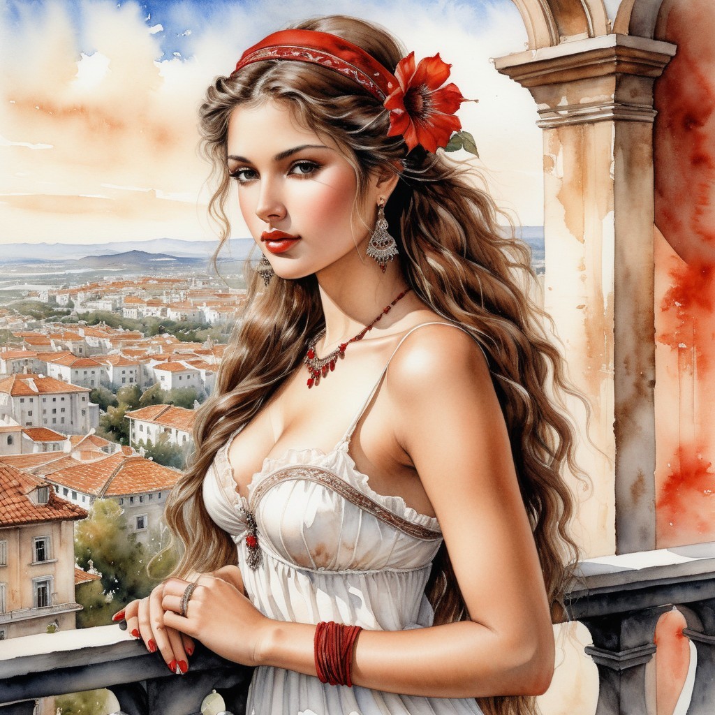 Young Woman in White Dress on Balcony with Cityscape