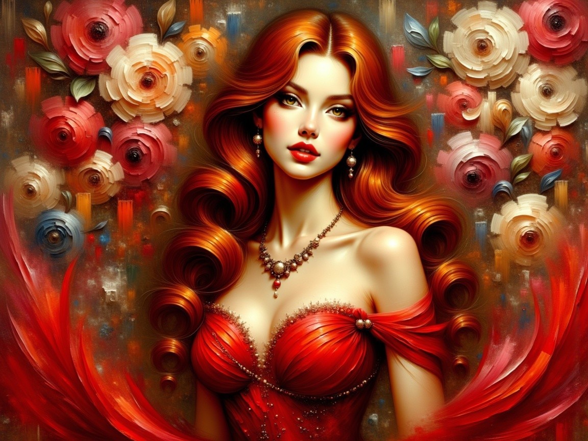 Elegant Woman in Red Dress Among Vibrant Roses