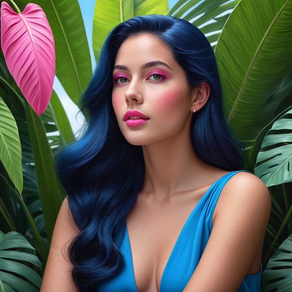 Stunning woman with blue hair in tropical setting