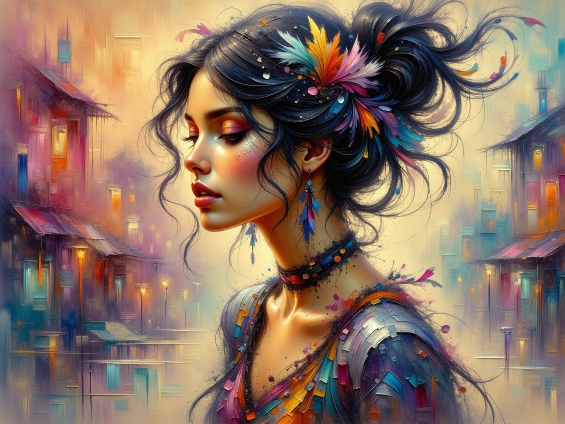 Vibrant Portrait of Woman with Feathers and Flowers