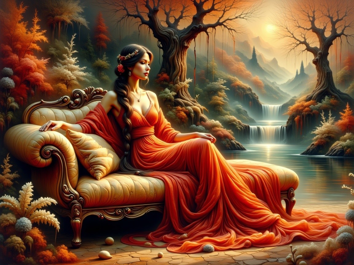 Woman in Red Gown in Autumn Landscape Setting