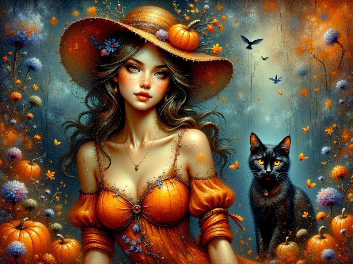 Woman in Orange Dress in Autumn Landscape with Cat