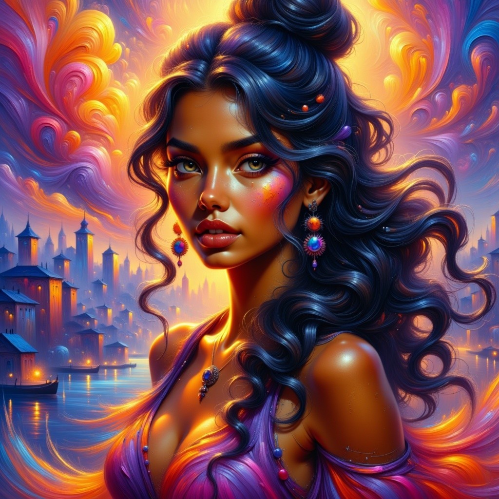 Young woman with dark hair and vibrant cityscape