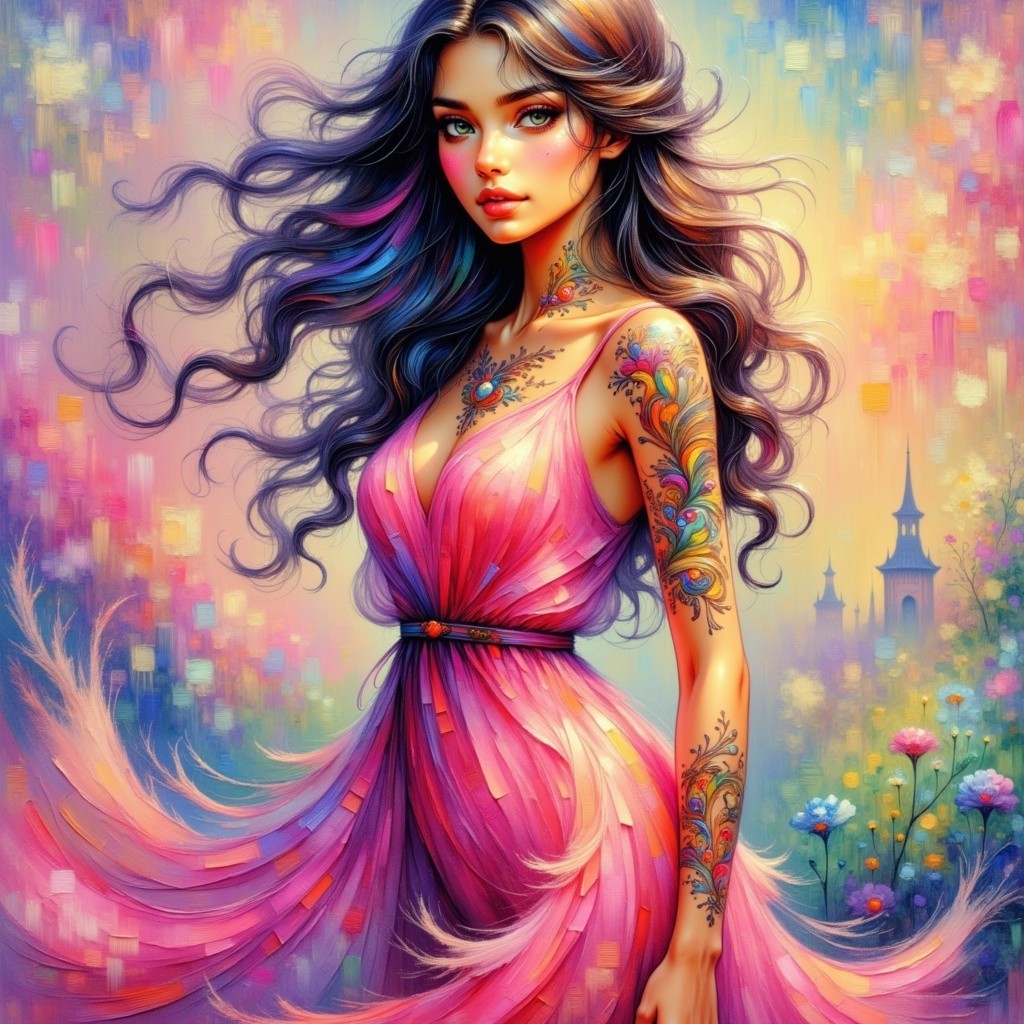 Young woman in colorful dress with intricate tattoos