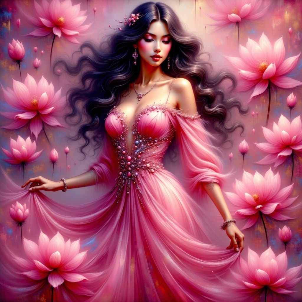Elegant Figure in Pink Gown Among Lotus Flowers