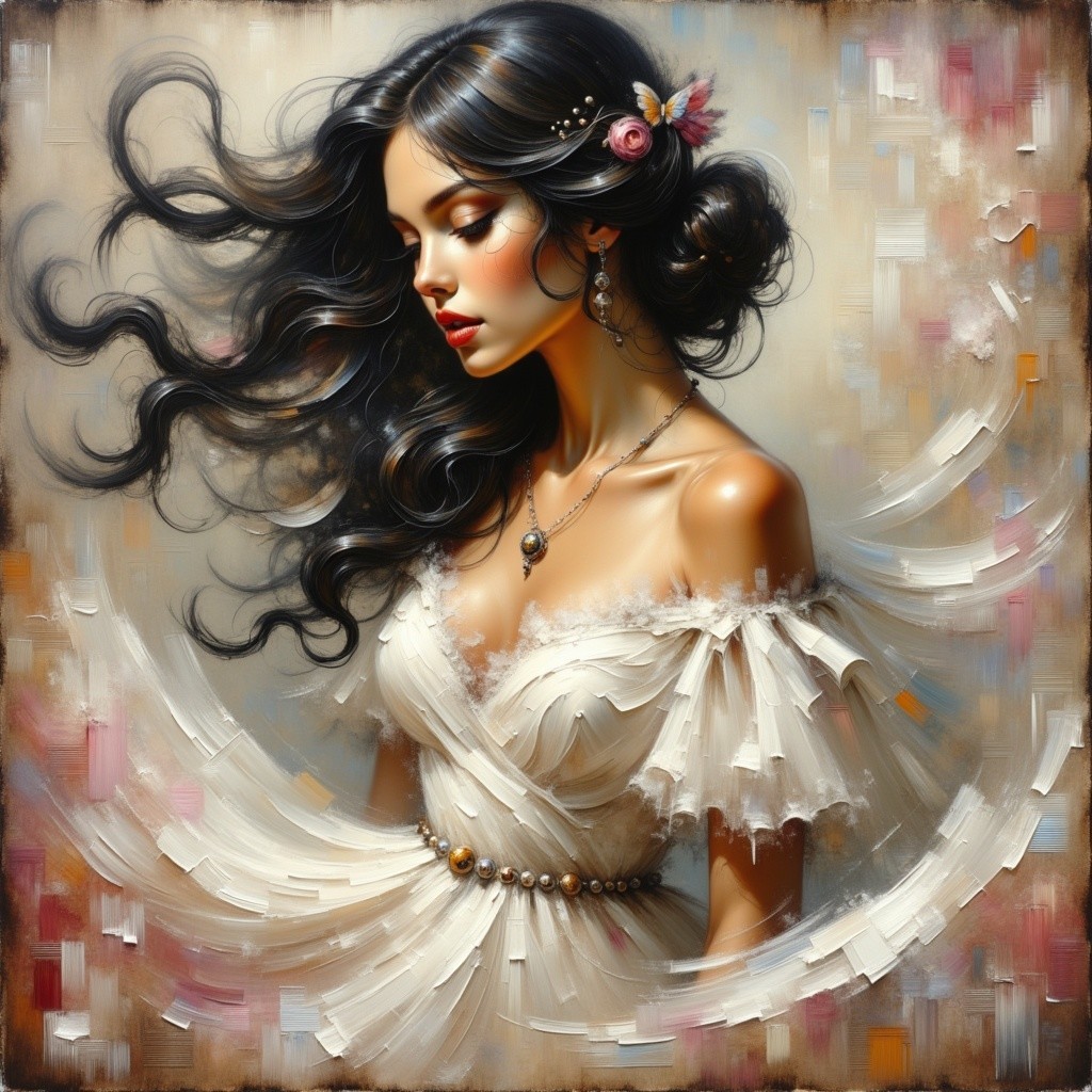 Elegant Woman in Off-Shoulder White Dress and Floral Accents