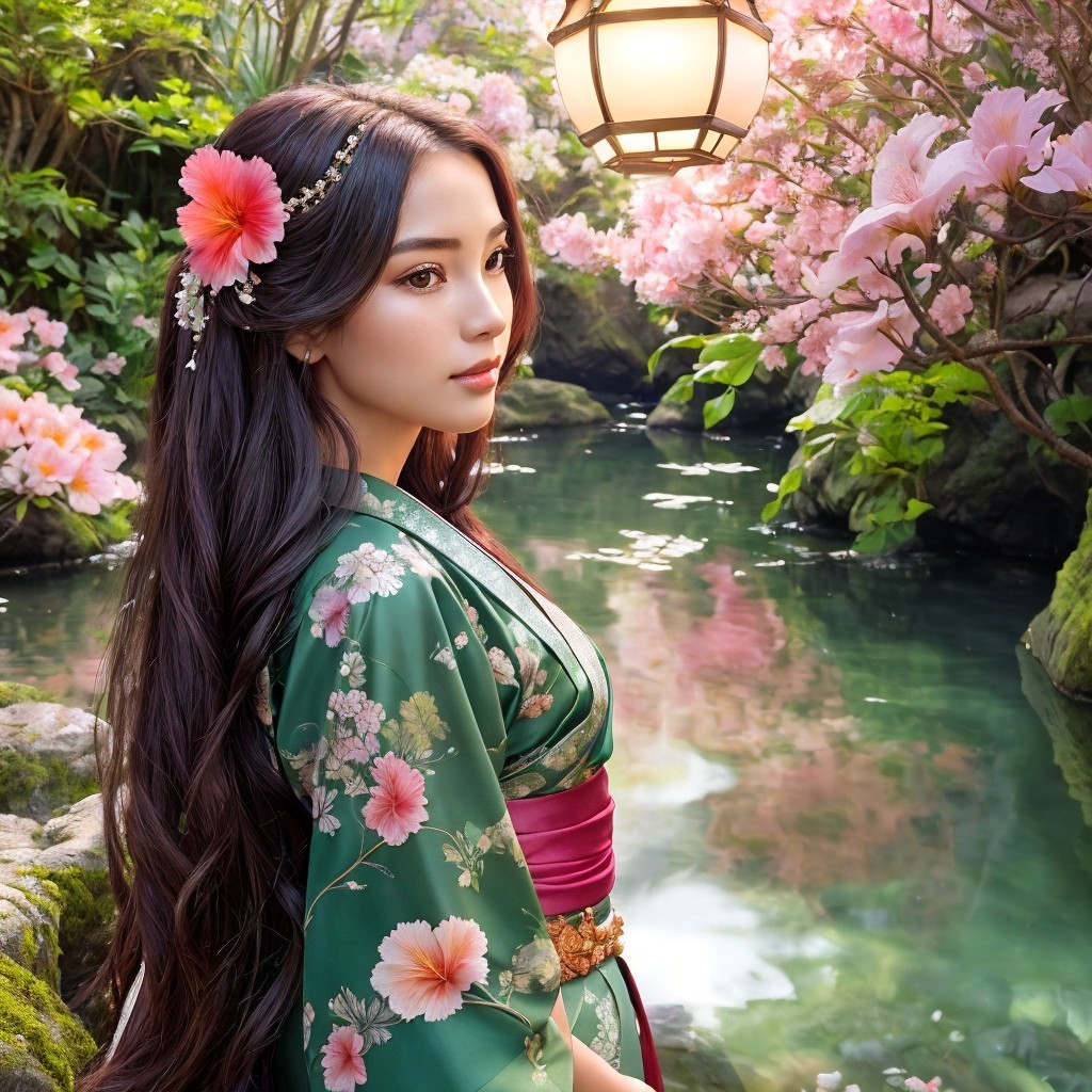 Young Woman in Green Kimono by Cherry Blossom Waterway