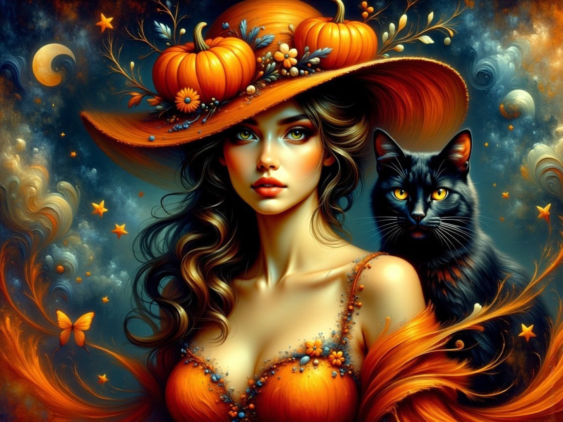 Mystical Woman in Orange Hat with Cat and Stars