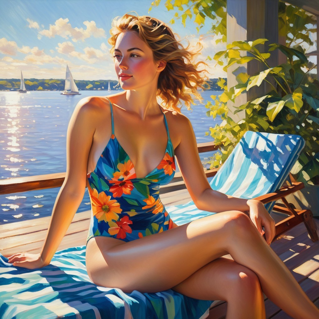 Young woman in floral swimsuit by serene lake