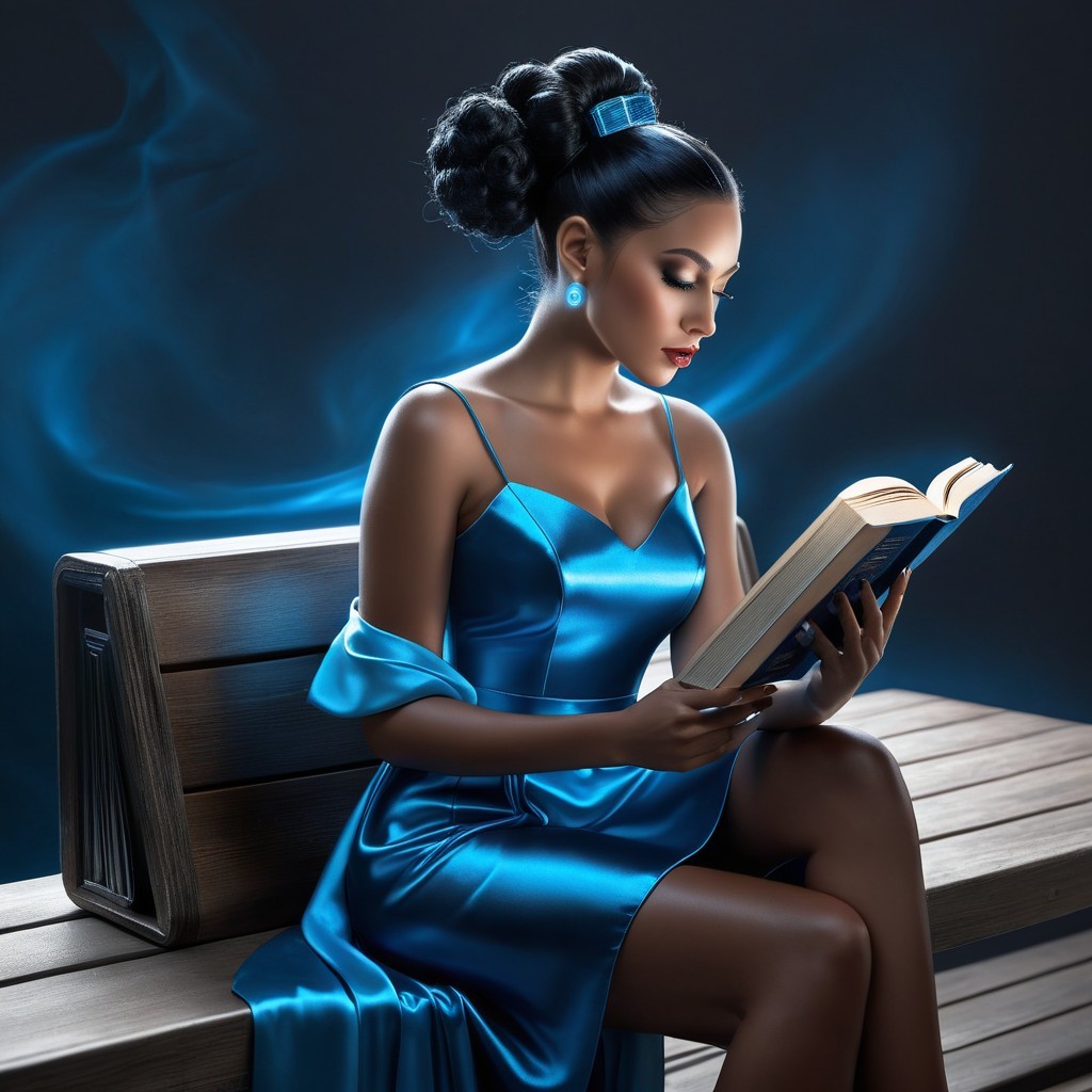 Woman in Blue Dress Reading on a Wooden Bench