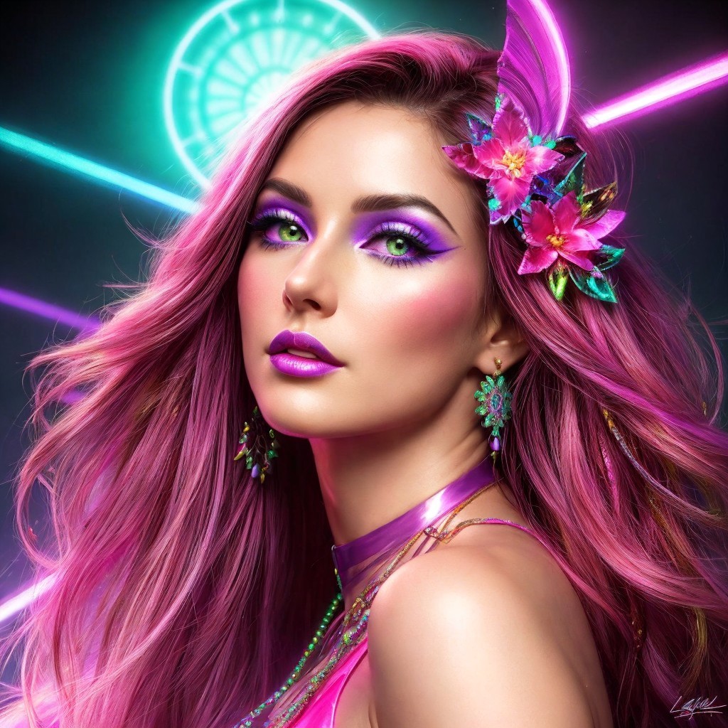 Portrait of a Young Woman with Pink Hair and Flowers