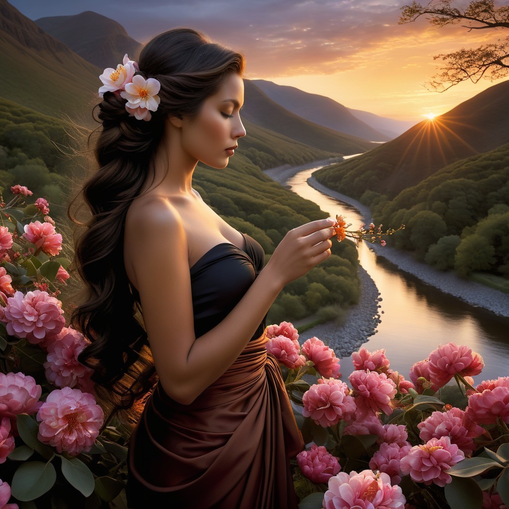 Young Woman in Gown Surrounded by Blooming Flowers