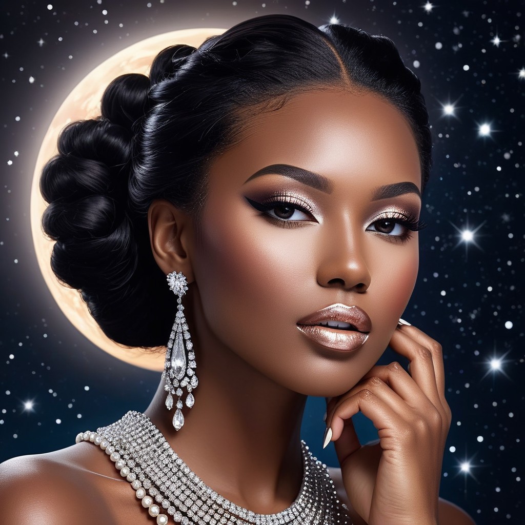 Portrait of a woman with elegant jewelry and moonlit backdrop