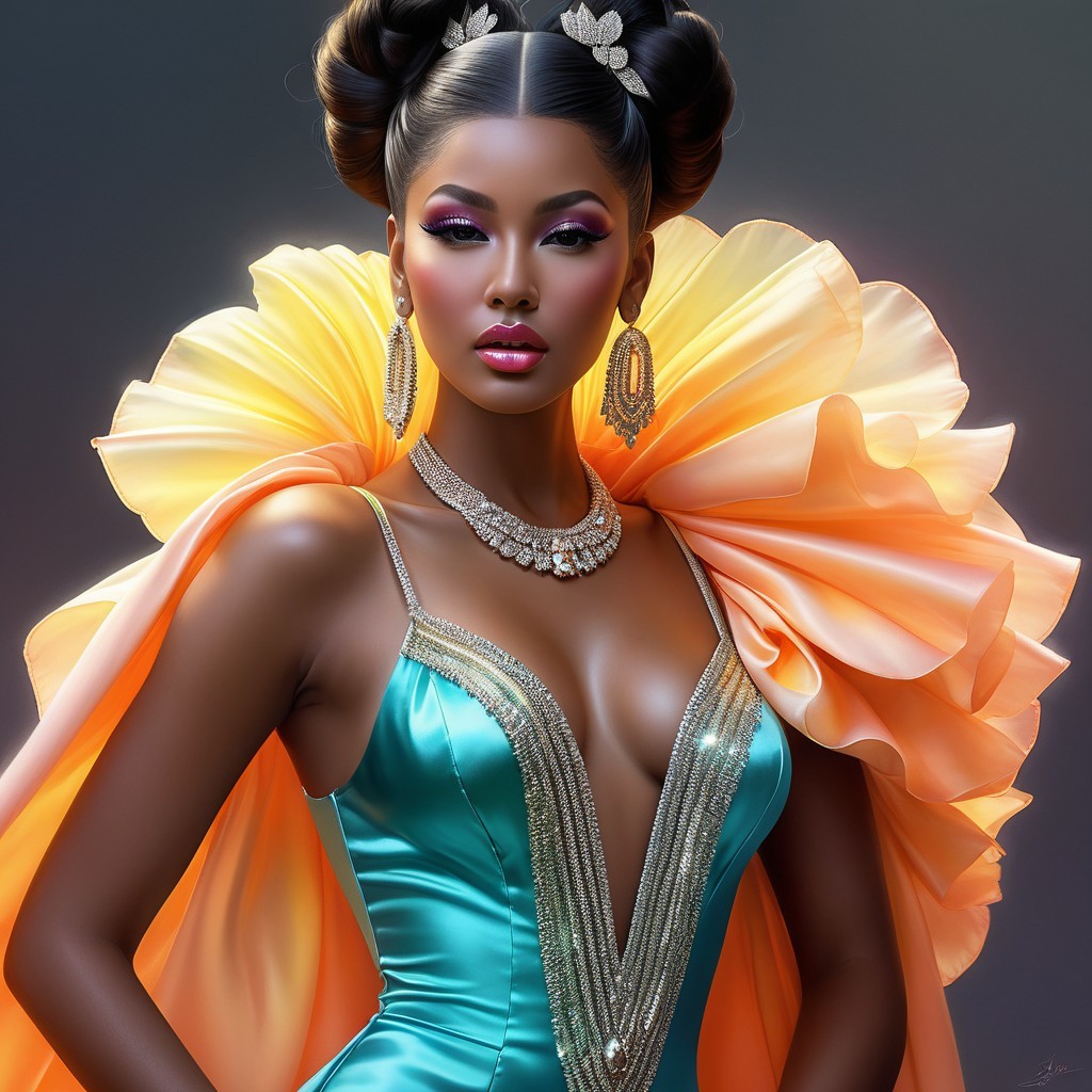 Glamorous Model in Teal Gown and Orange Cape