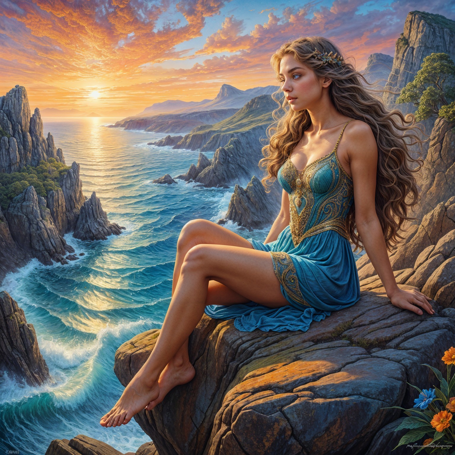 Young Woman on Cliff Overlooking Vibrant Seascape