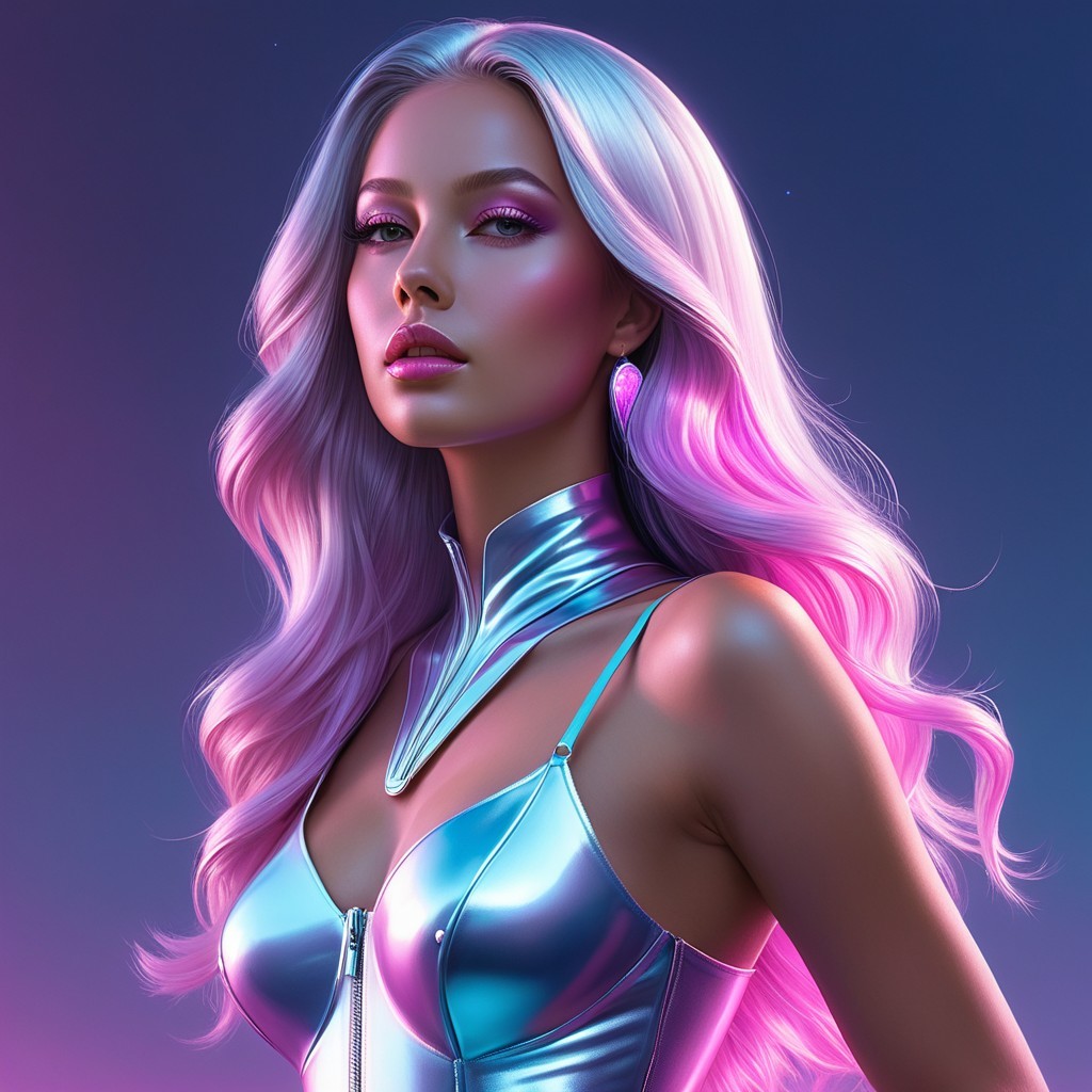 Futuristic Woman with Silver-Pink Hair and Glossy Outfit