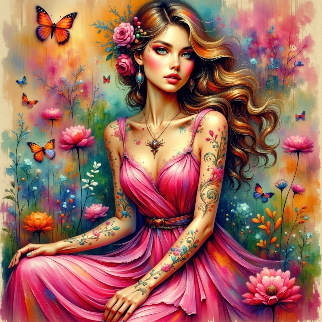 Portrait of a Woman in Pink Dress with Floral Accents