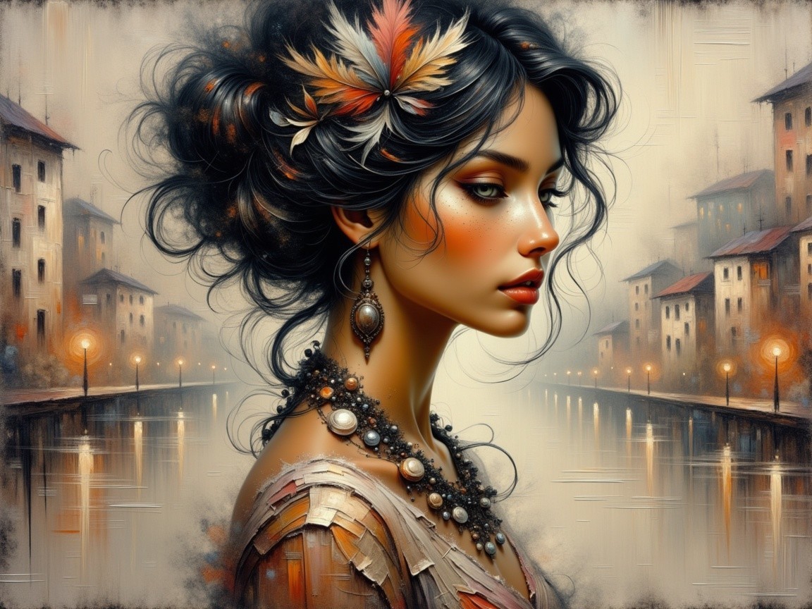 Portrait of a woman with dark hair and vibrant feather