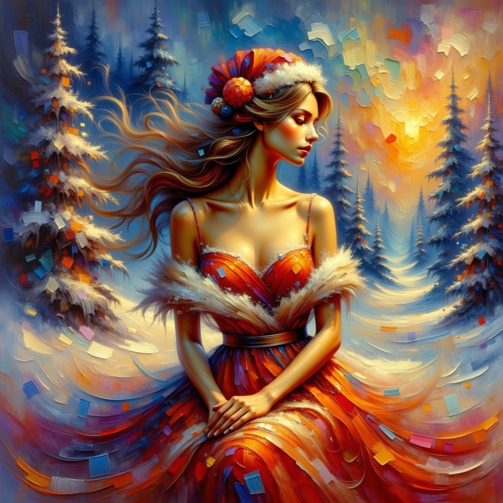 Gorgeous Woman in Orange Dress in Snowy Forest Scene