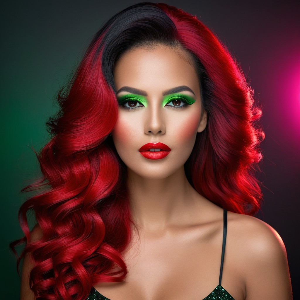 Model with Long Curls and Bold Makeup in Vibrant Colors