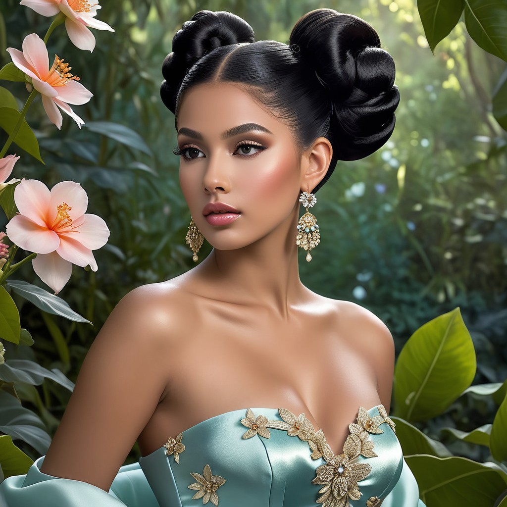Young Woman in Aqua Gown Surrounded by Greenery