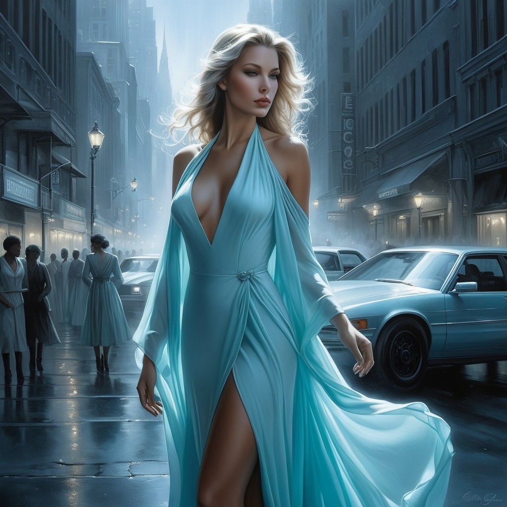 Glamorous Woman in Light Blue Gown on City Street