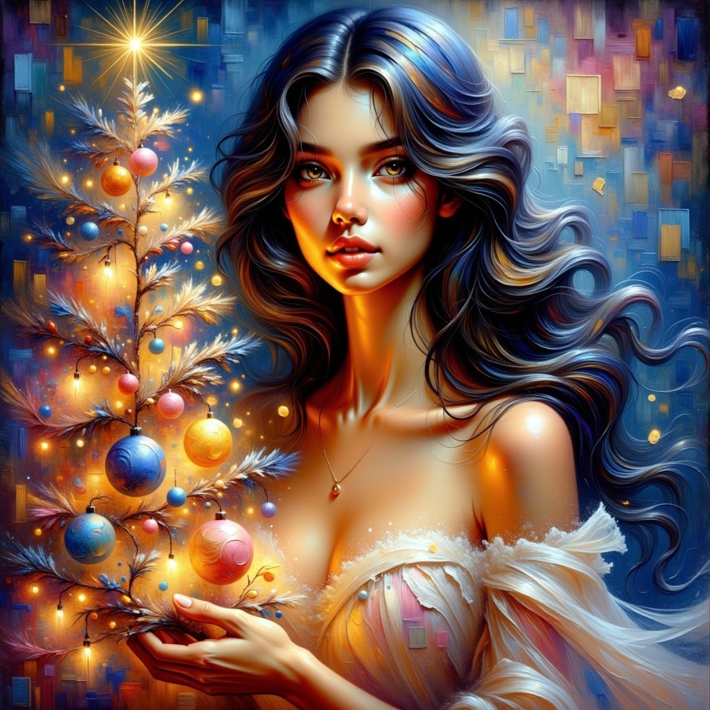 Close-Up Digital Painting of a Young Woman with Tree