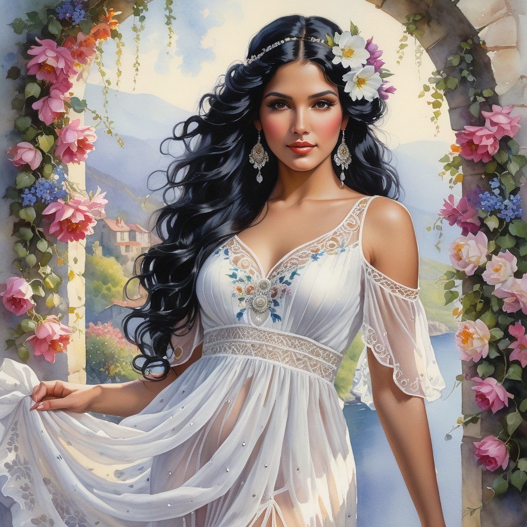 Graceful woman in white dress amidst lush landscape