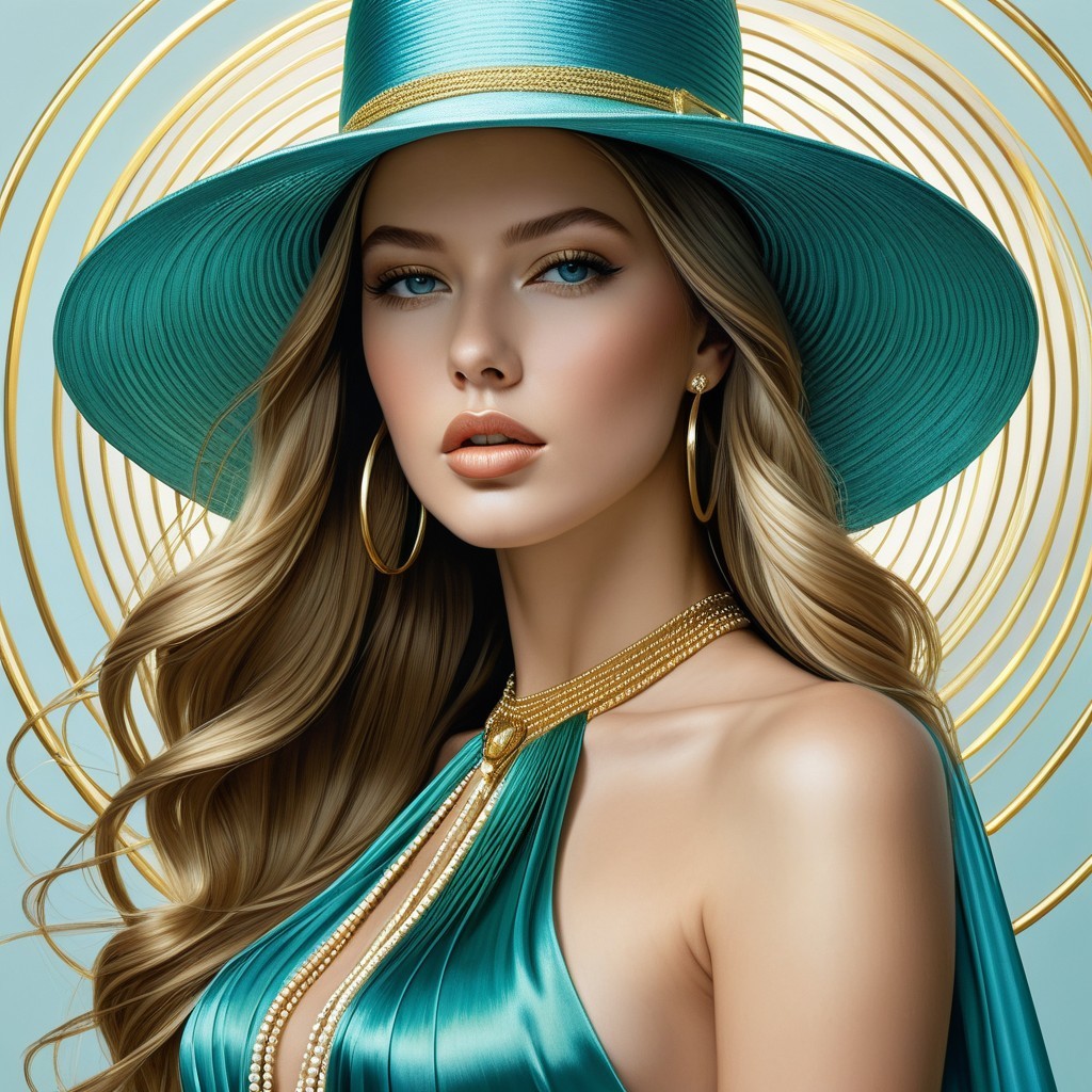 Elegant woman in turquoise hat and dress with gold accents