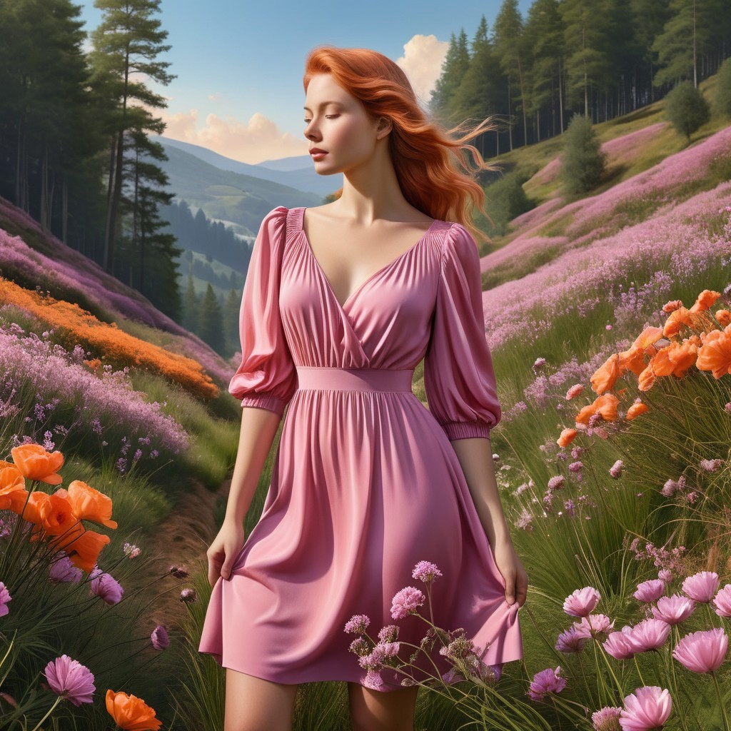 Woman in Pink Dress in Vibrant Wildflower Field