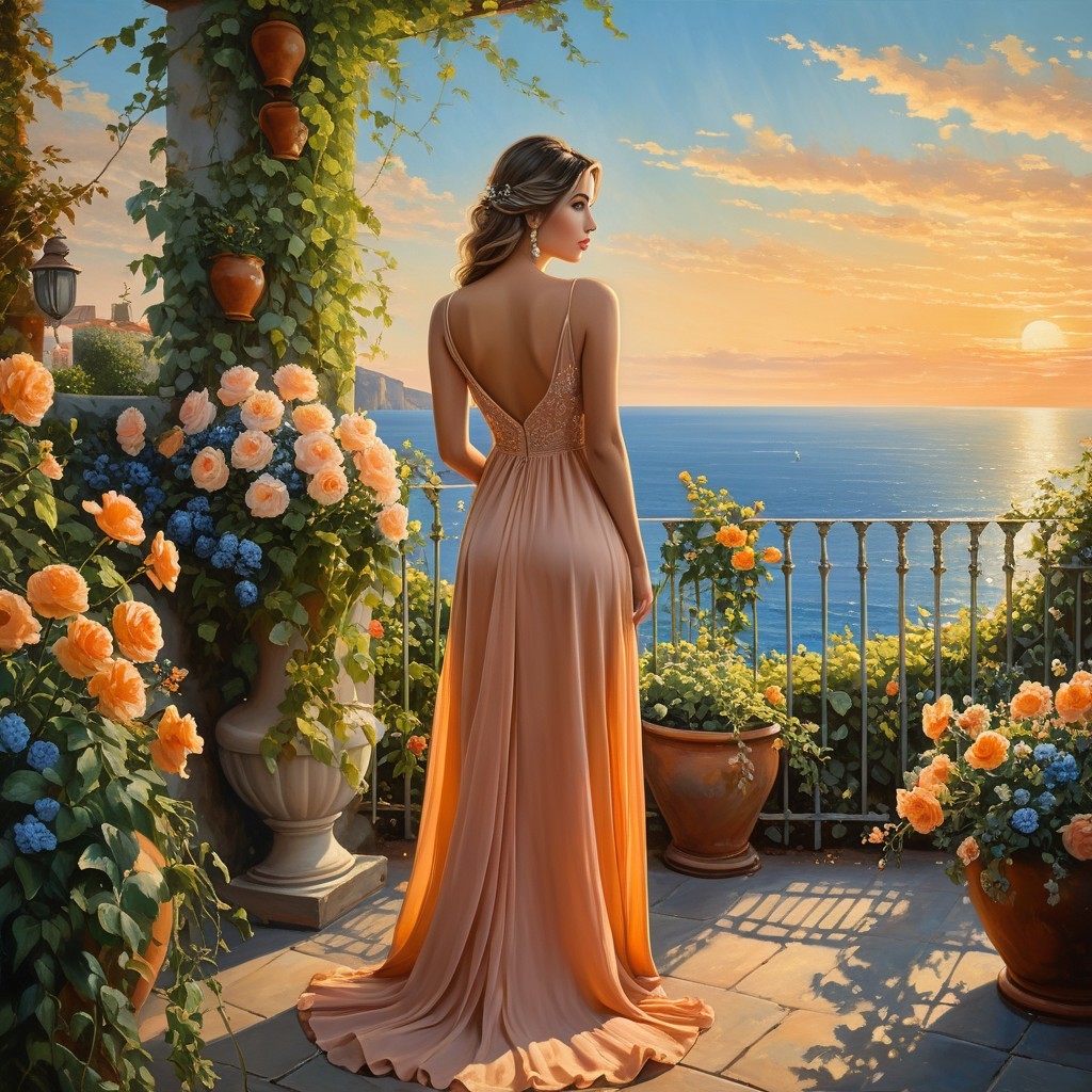 Woman in elegant gown on terrace at sunset by ocean
